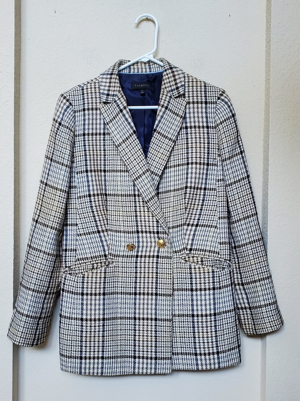 Talbots Black & Cream Plaid Double-Breasted Blazer with Gold Buttons. Size 10